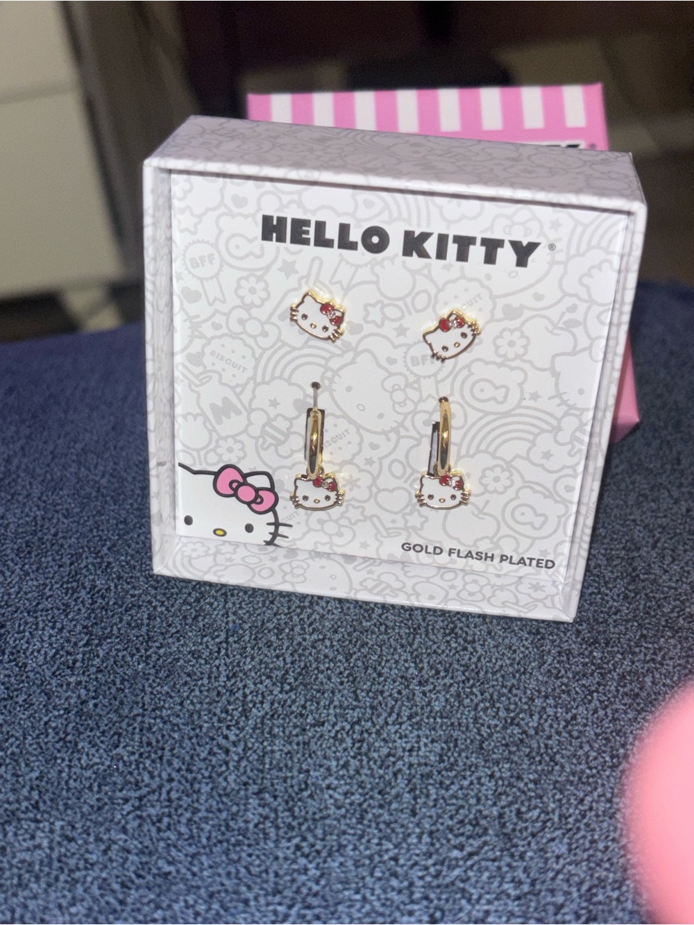 Sanrio Hello Kitty Pink & Gold Kids Earring Set Studs and Hoops - Picture 4 of 4